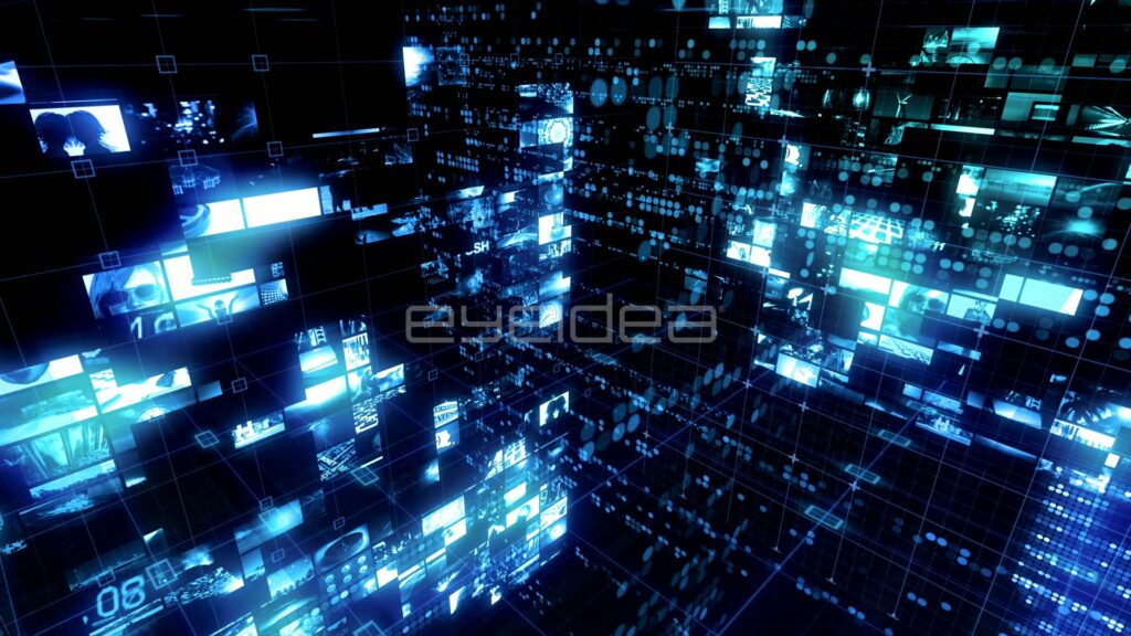 Blue Media Matrix Corridor of Bright Video Tiles