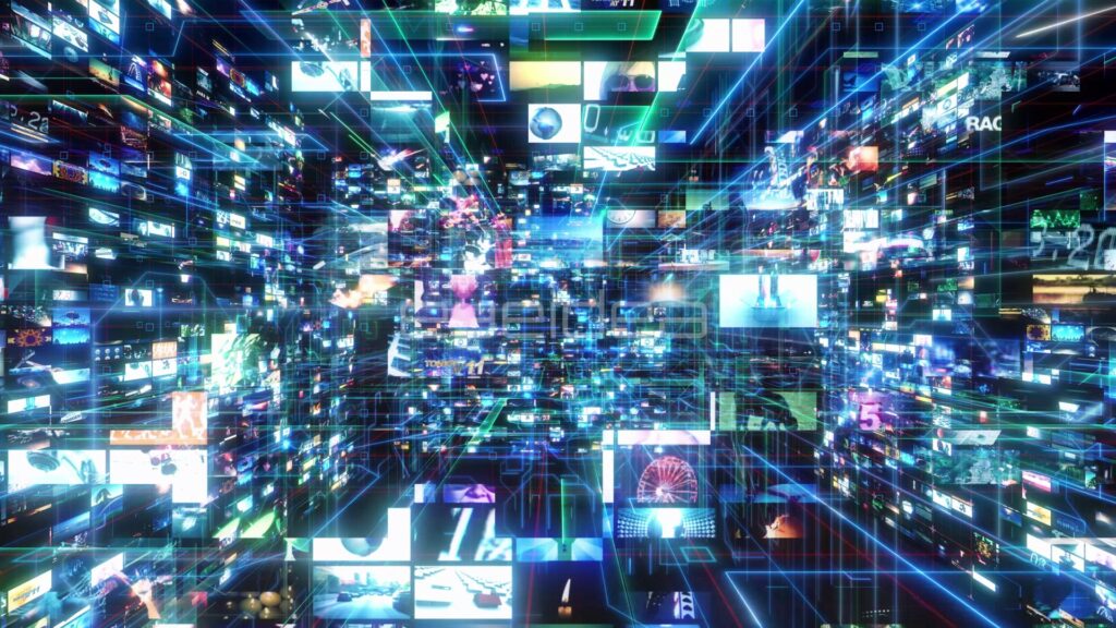 Deep Media Matrix Backdrop of Video Screens and Blue Network Lines