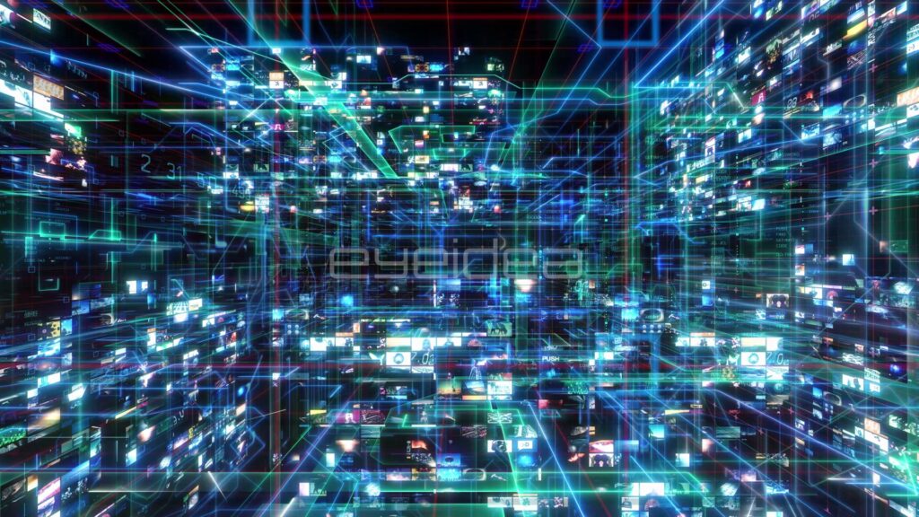 Zoom Down a Media Matrix Hallway of Teal Network Lines