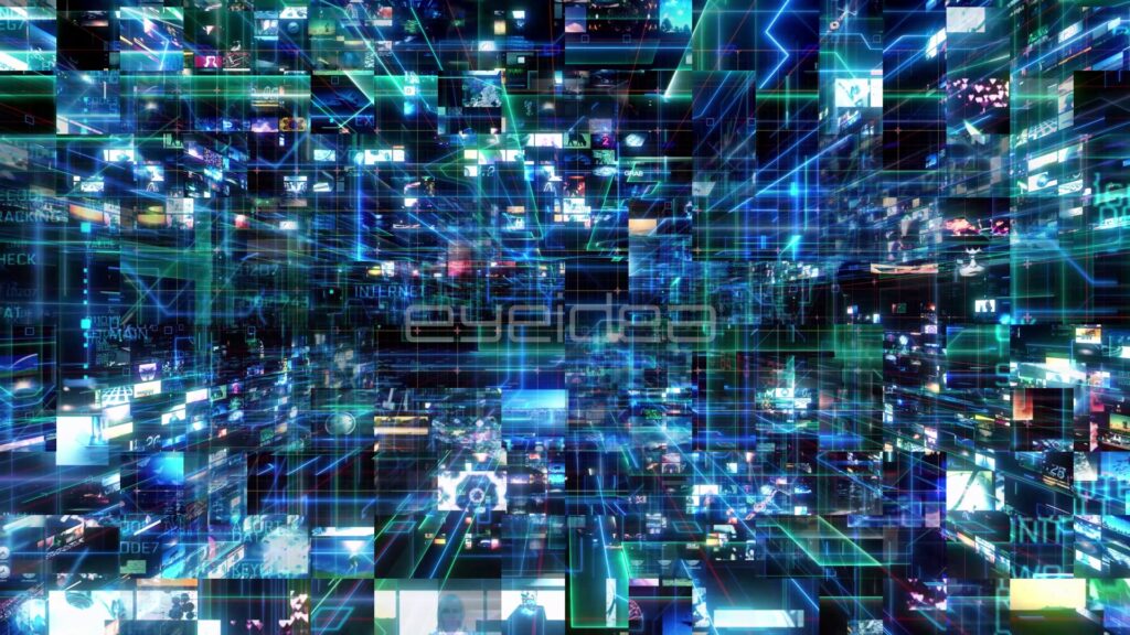 Close Zoom Through a Wall of Media Matrix Screens
