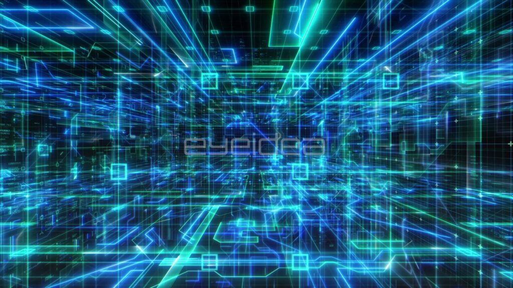 Flying Through a Cyan Wireframe Circuit Grid
