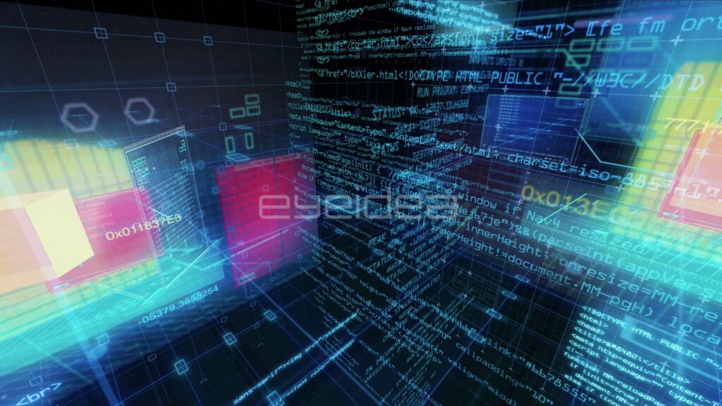 Translucent Red and Yellow Blocks Floating Through a Code Grid