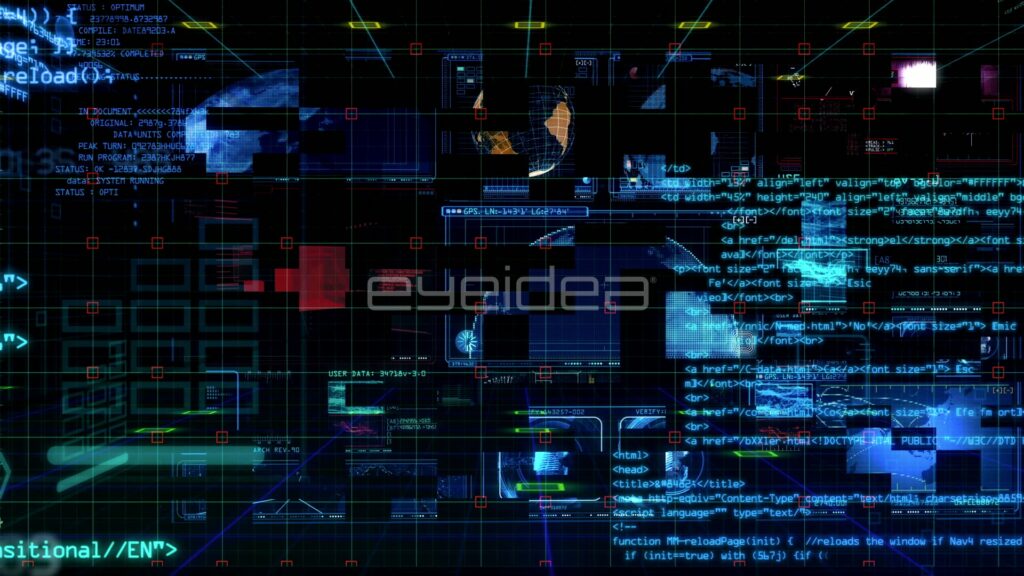 Busy Tech HUD Grid of Code Panels and Interface Icons