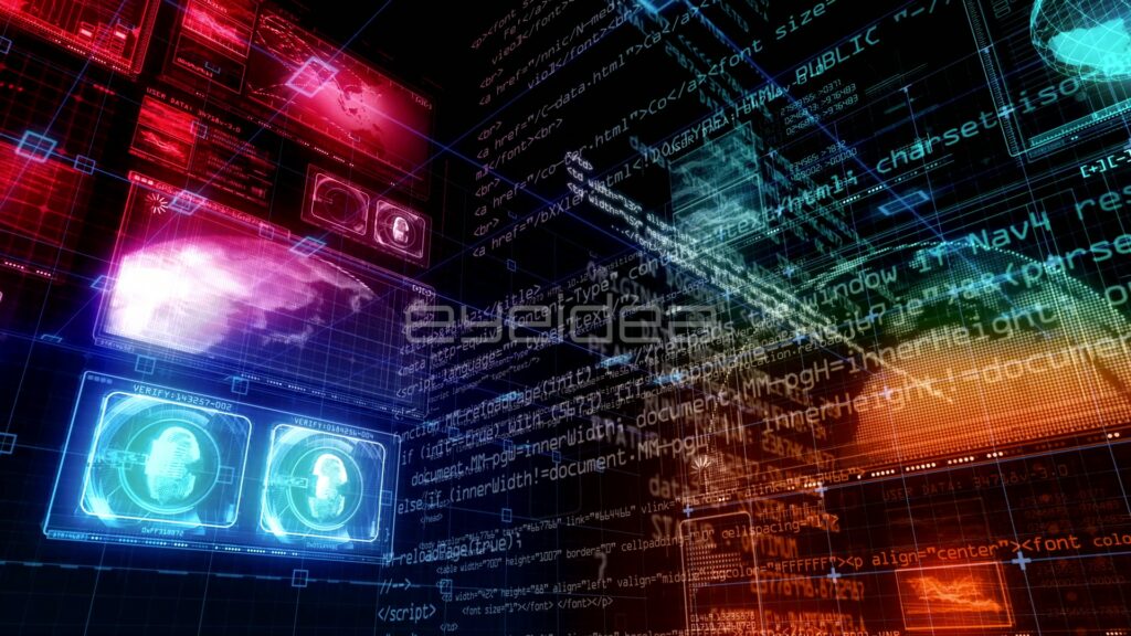 Red Scan Monitors and Orange Code Drifting Through Digital Space