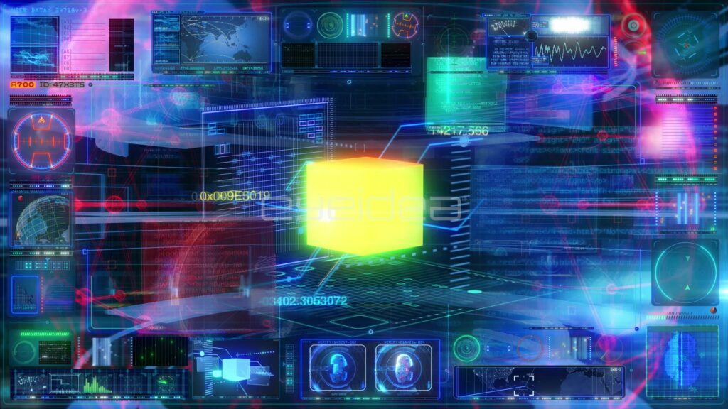 Glowing Yellow Cube at the Center of a Blue Holographic HUD