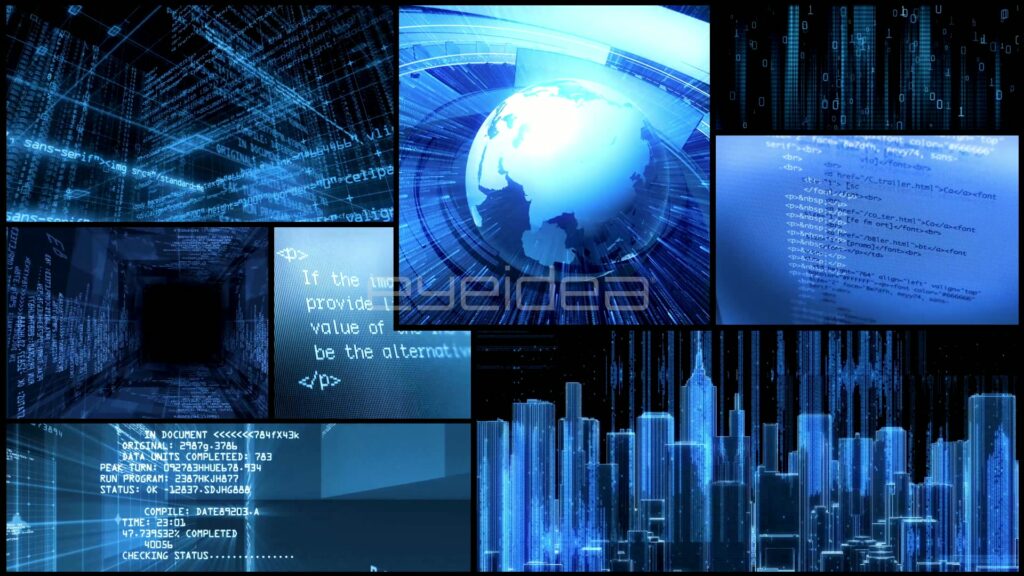 Split-Screen Montage of Blue Globe, Code and City Skyline