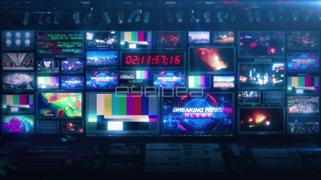 News Control Room Monitor Wall with Color Bars and Countdown Clock