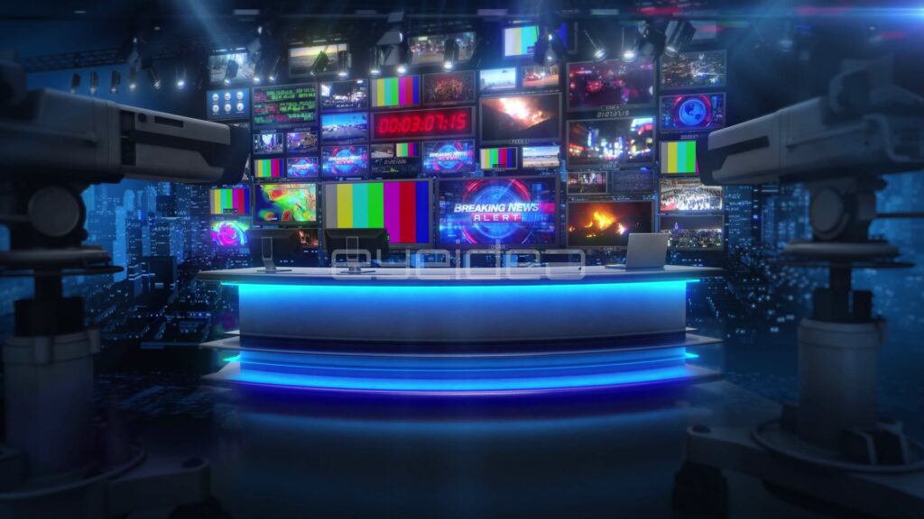Empty Virtual News Studio with Blue Neon Desk and Monitor Wall