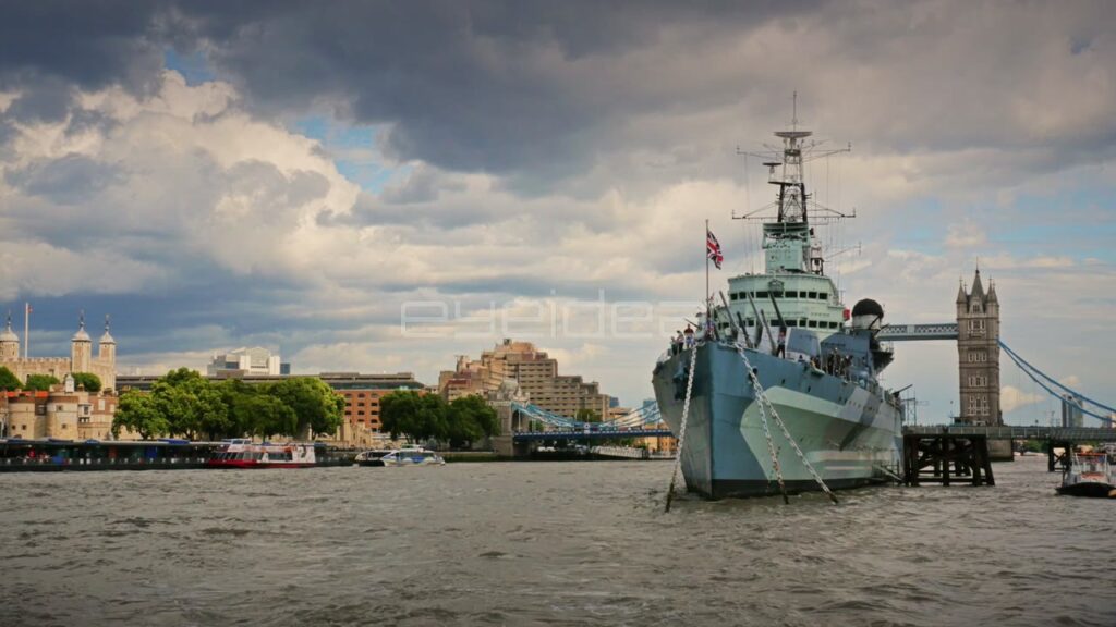 HMS Belfast Moored on the Thames Near Tower Bridge