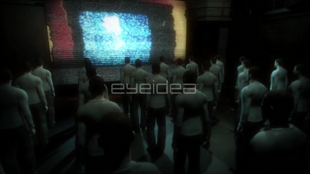 Group of Figures Watching Glowing Screens in Dark Room