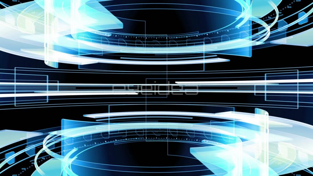 Abstract Blue Glowing Curved Technology Shapes Rotating in Space