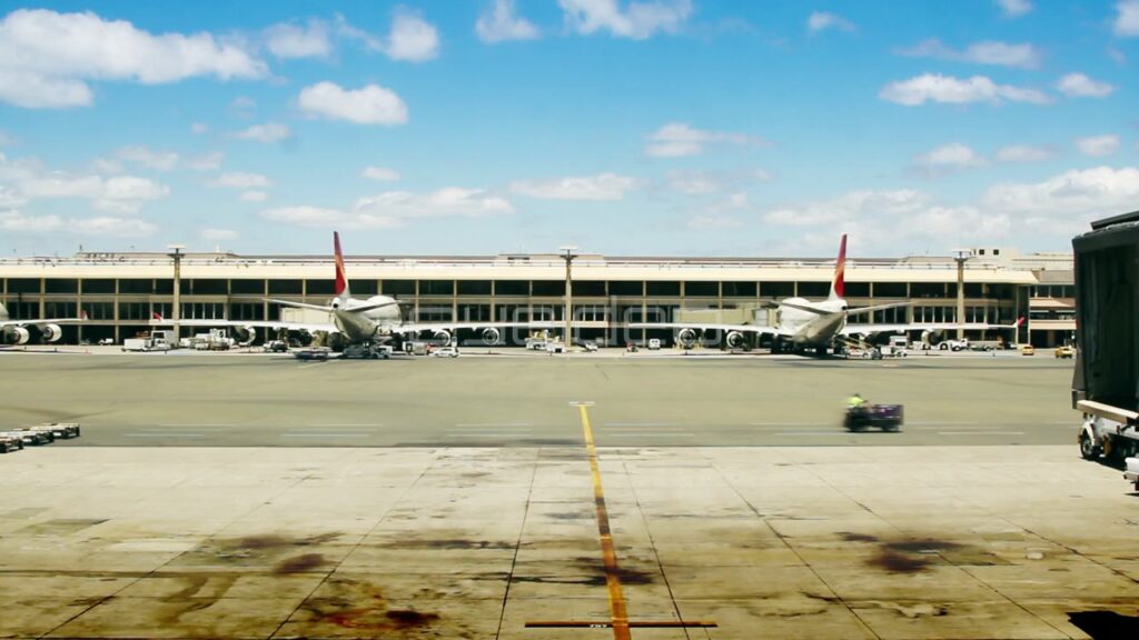 Wide View of Commercial Jets at Airport Gates under Blue Sky