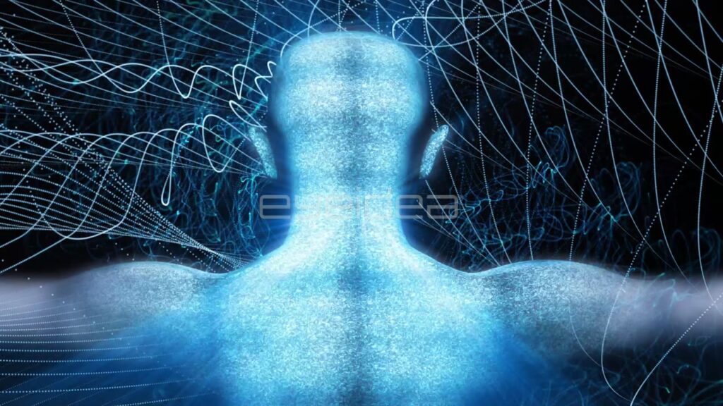 Cyborg Woman with Blue Static Texture and Abstract Waveforms