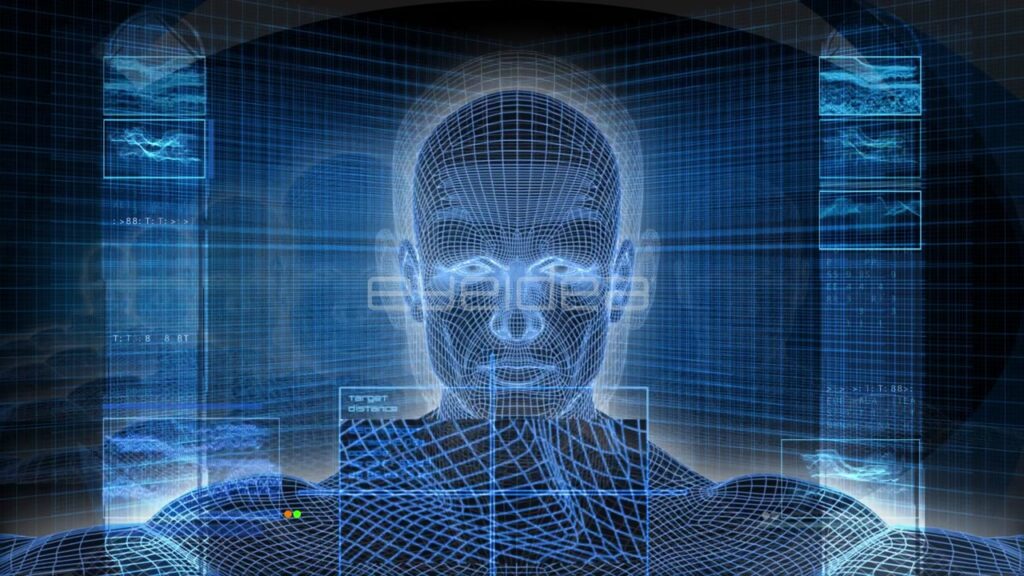 3D Wireframe Human Head with Blue Digital Data Interface