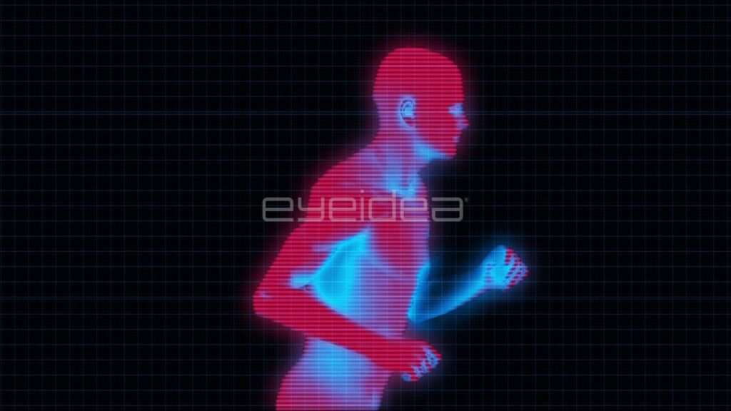 Bionic Human Silhouette Running with Red and Blue Grid