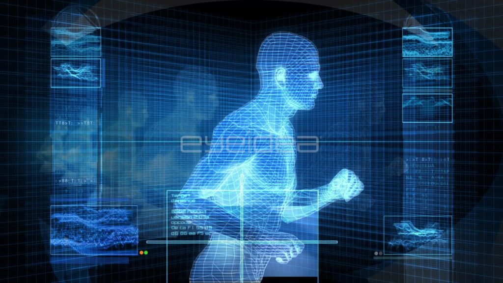 Bionic Human Silhouette Running with Blue Digital Interface Grid