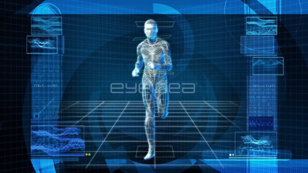 3D Wireframe Human Figure Running in Blue Digital Interface