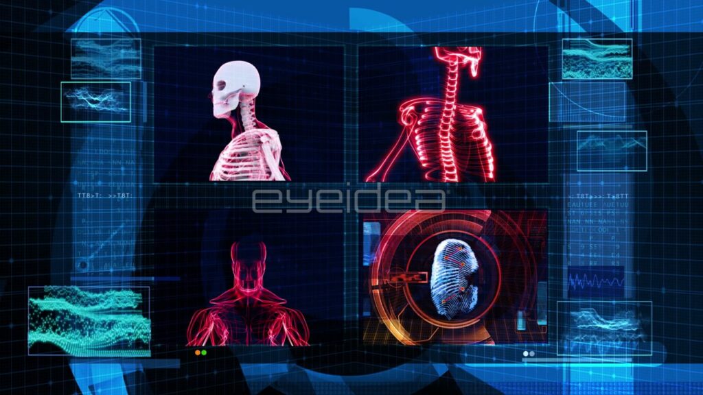 Bionic Human Anatomy Scan with Red Skeletal Data Overlays