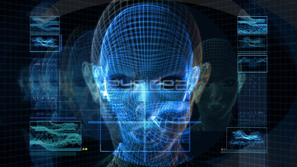 3D Wireframe Female Head with Blue Digital Data Grid
