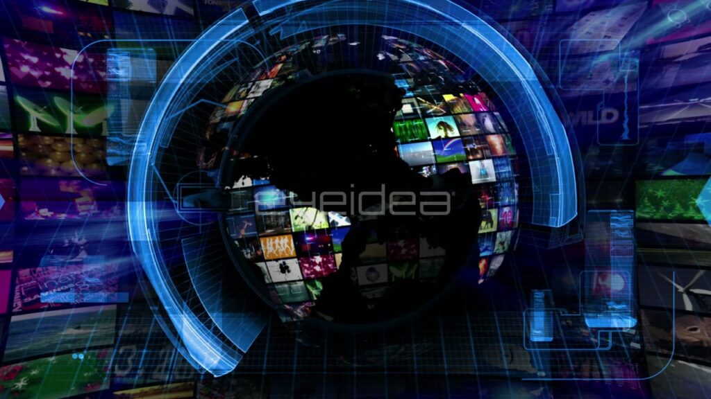 Blue Digital News Globe with HUD Interface and Video Grid
