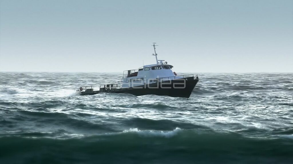 Medium Sized Boat Navigating through Choppy Grey Seas