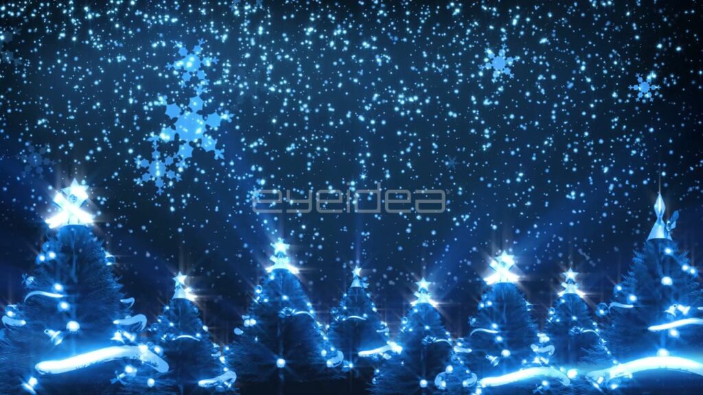 Snowy Christmas Trees with Falling Blue Snowflakes