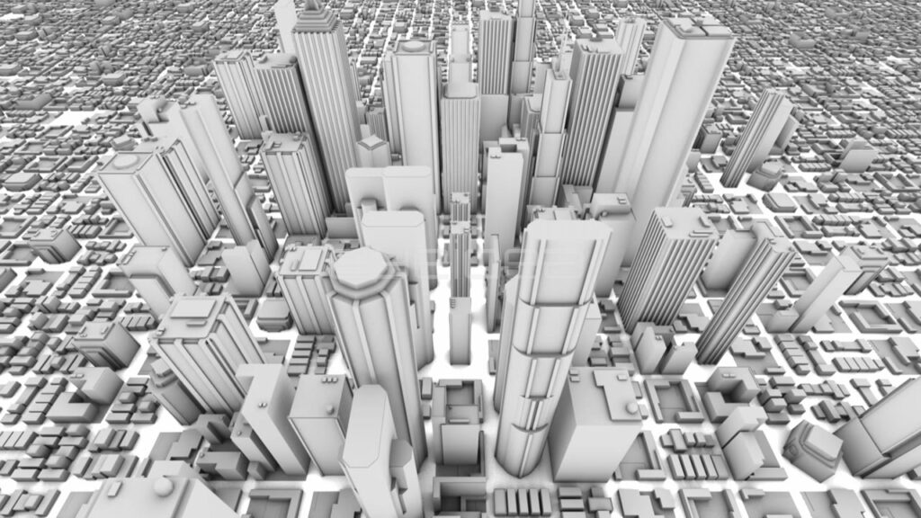 3D Animation of Growing Skyscrapers in White Monochromatic Cityscape