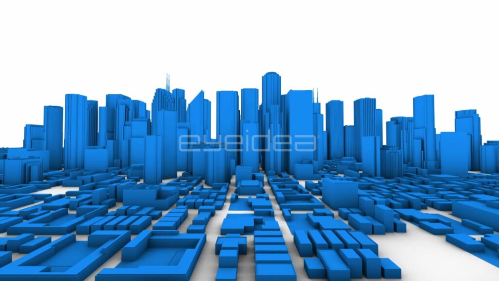 3D Animation of Blue City Skyscrapers Growing with Zoom Out