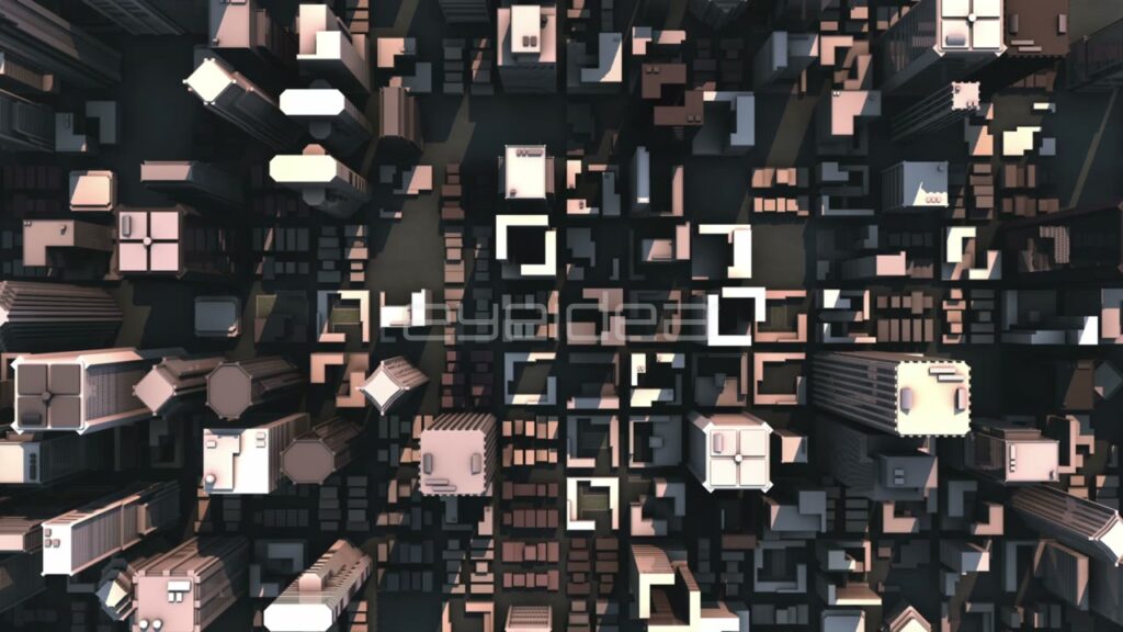 Aerial Top Down View of 3D City Buildings with Warm Lighting
