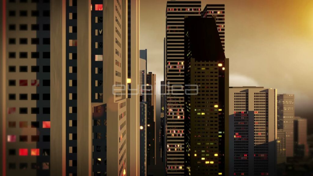 3D Animation of Camera Flying through a Golden City Skyline