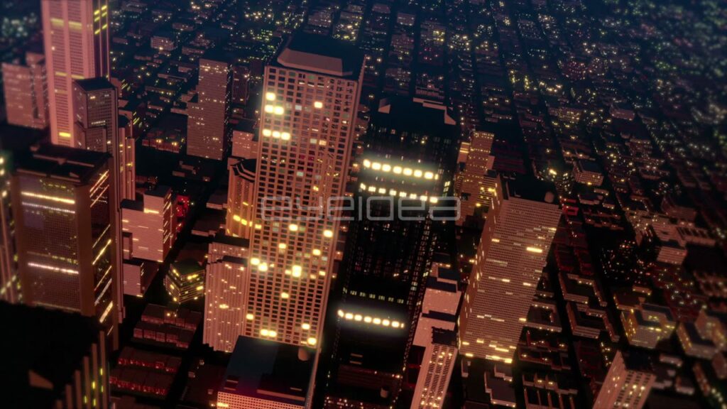 Aerial Flyover of Metropolitan City Skyline at Night