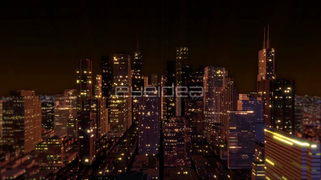 Aerial Flyover of Metropolitan City Skyline at Night