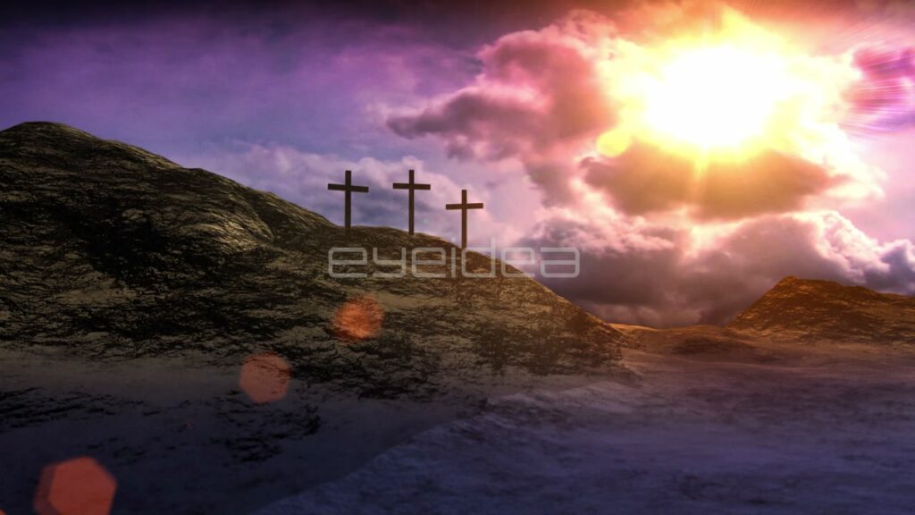 Three Wooden Crosses on Calvary Hill at Sunset