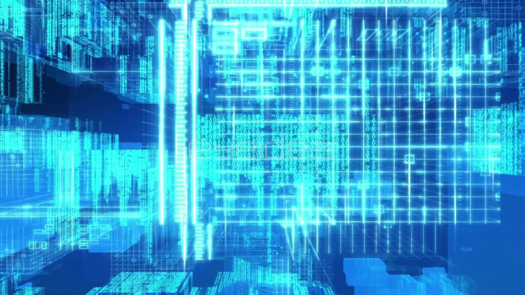 Abstract 3D Data Cubes and Digital Code Grids in Blue