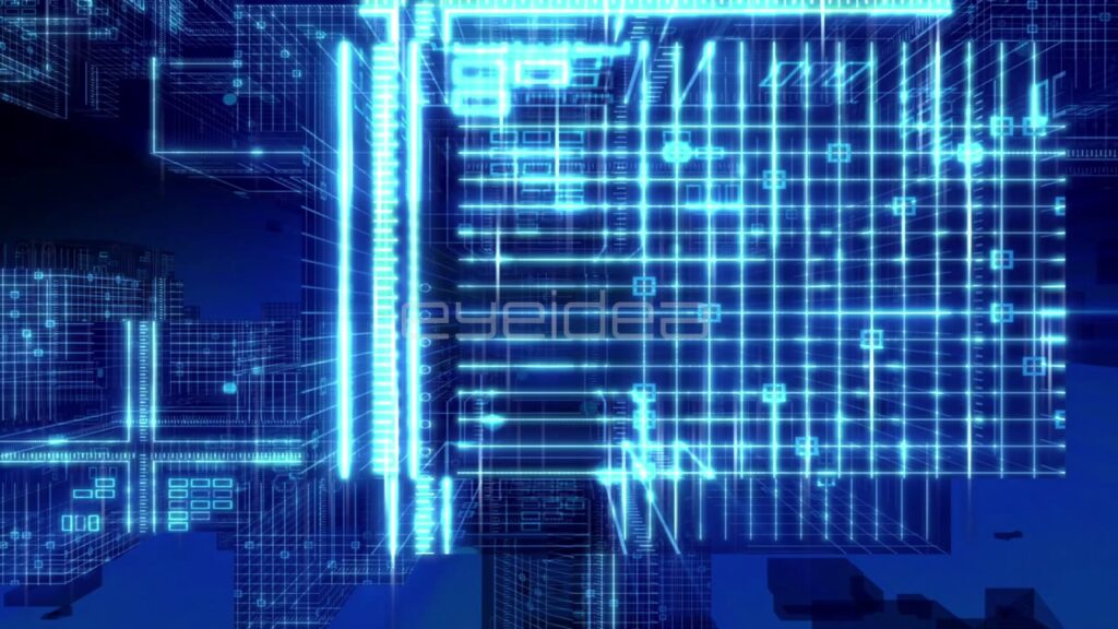 Blue Digital Grid Matrix with Glowing 3D Data Cubes