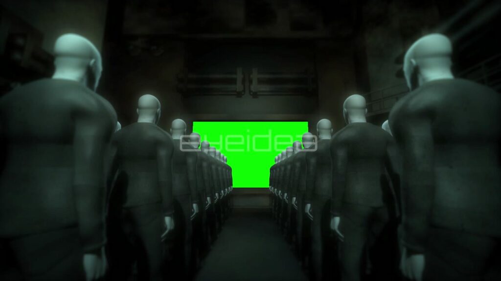 CGI Humanoid Figures Facing a Large Green Screen