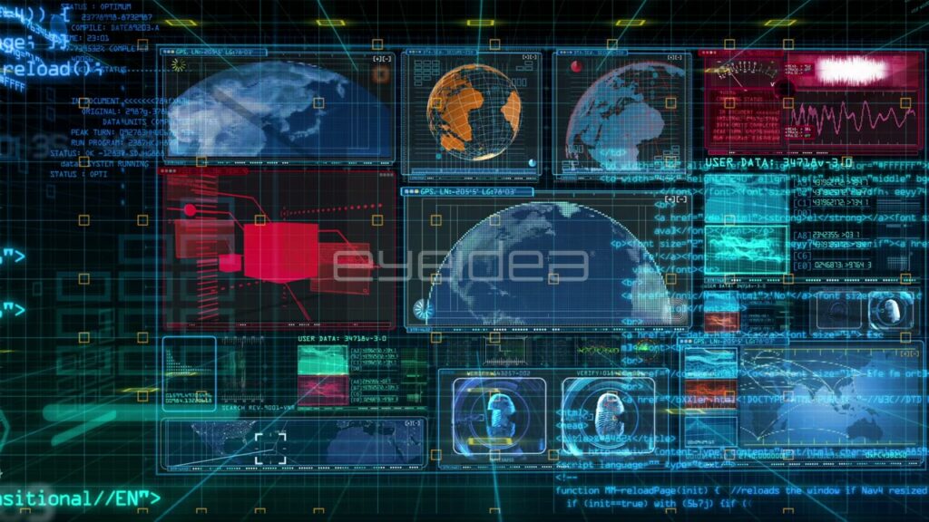 Digital Data Interface with Blue Code and Floating HUD Elements