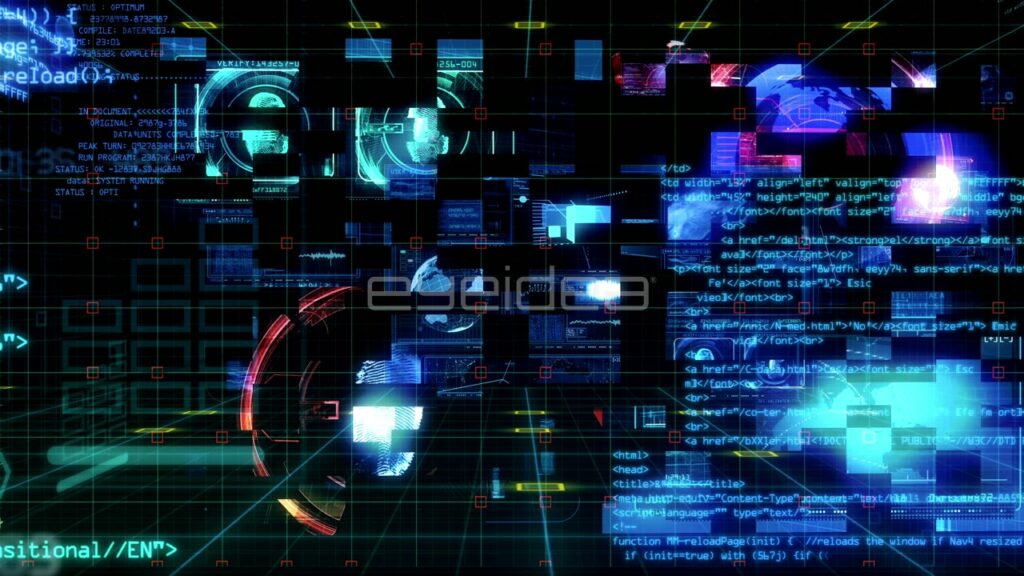 Digital Data Matrix with Blue Glowing Code and HUD Elements