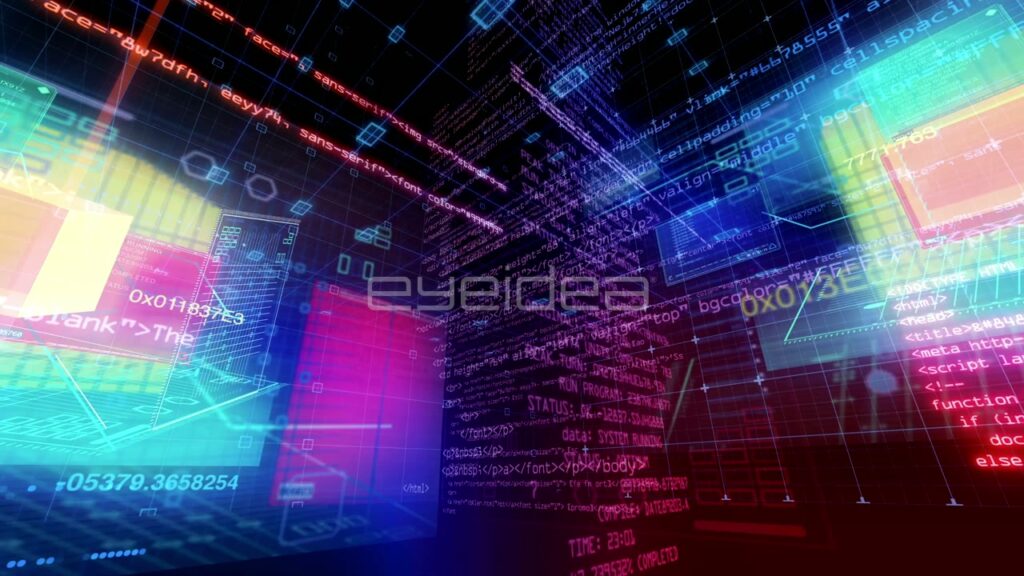 Abstract Digital Data Streams and Floating Code Cubes in Blue and Red