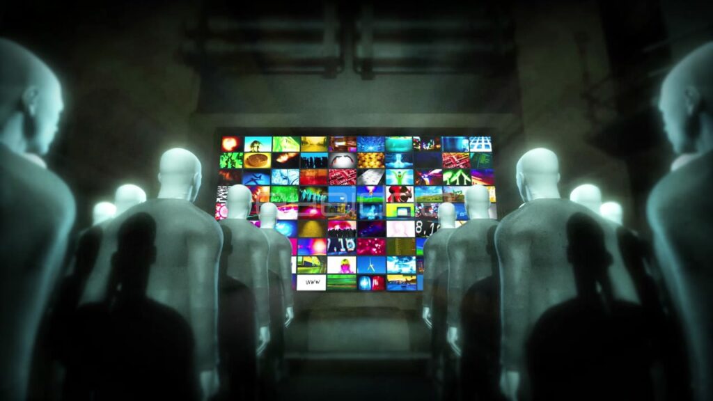 CGI Android Figures Watching a Multicolored Video Grid