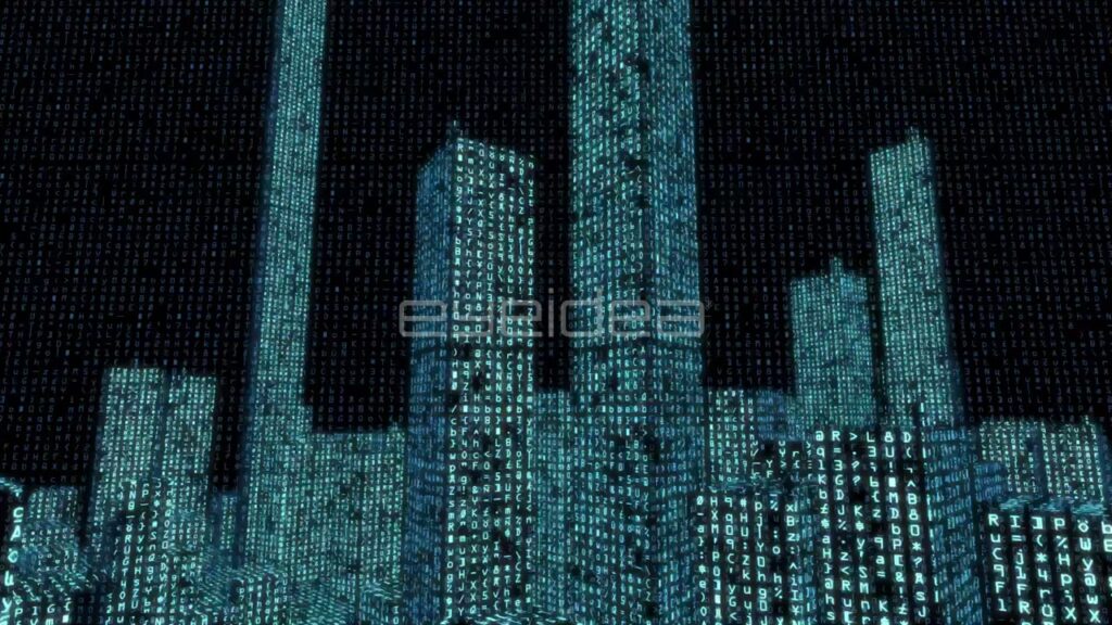 3D Animation of City Skyline Made of Blue Digital Data