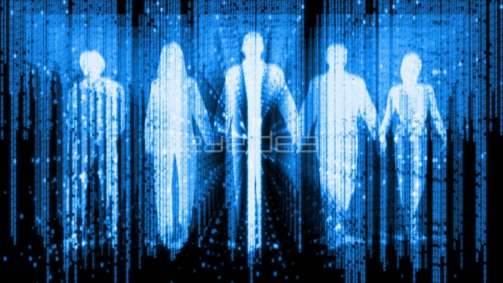 Silhouettes of Digital People Walking through Blue Data Matrix