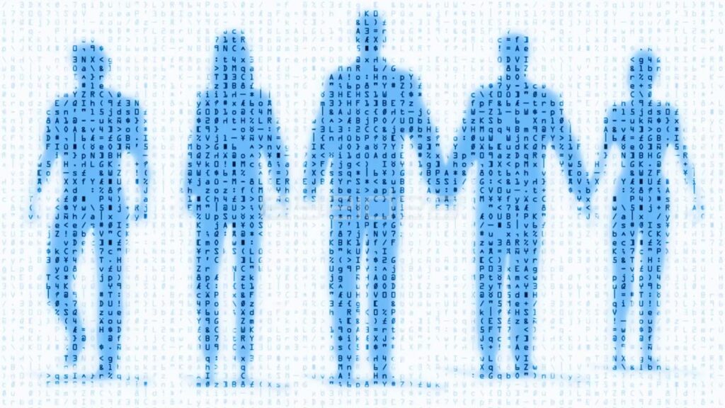 Digital People Silhouettes Walking through Blue Data Matrix