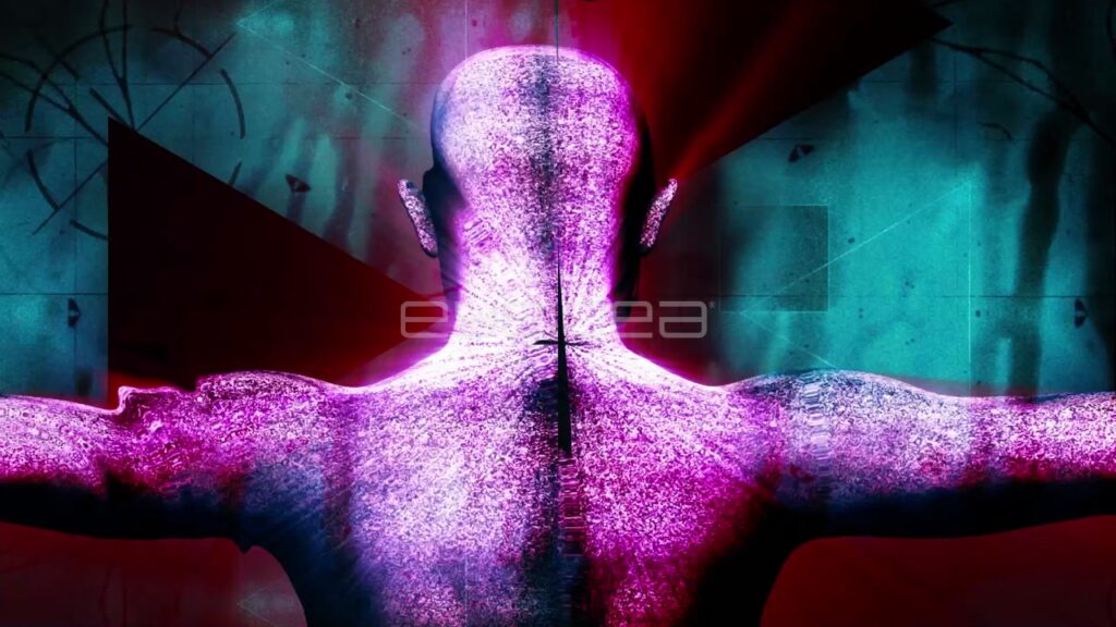 Cybernetic Woman with Static Texture and Cyan and Magenta Lighting