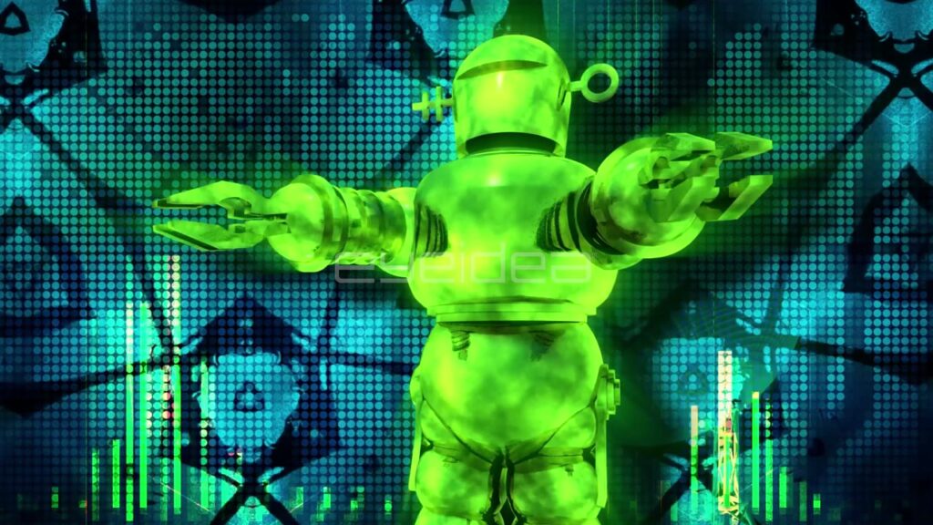 Green Corroded Robot Dancing against Digital Audio Visualizer