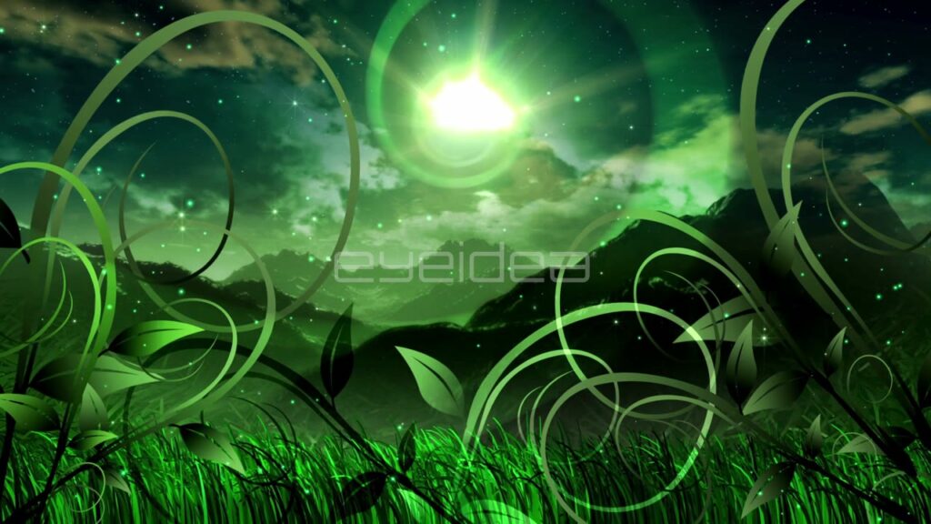 Abstract Green Swirls over Mountain Landscape and Night Sky