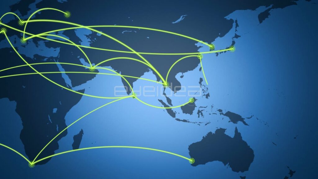 World Map with Animated Yellow Connection Lines on Blue