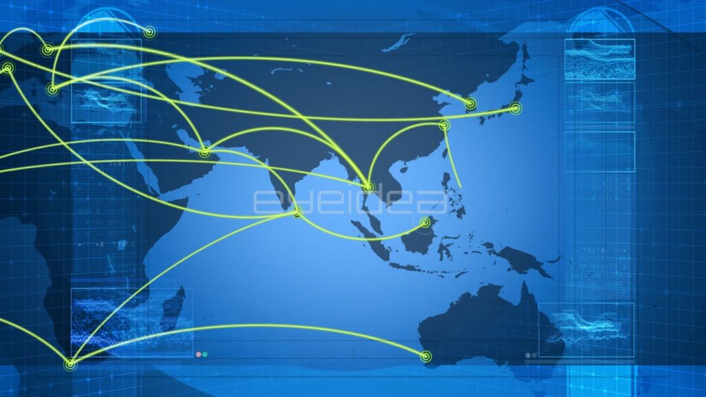 Animated World Map with Yellow Connection Lines on Blue Background