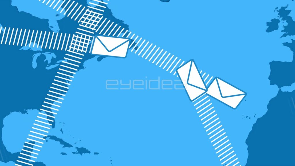 White Envelopes Flying over Blue World Map Animation