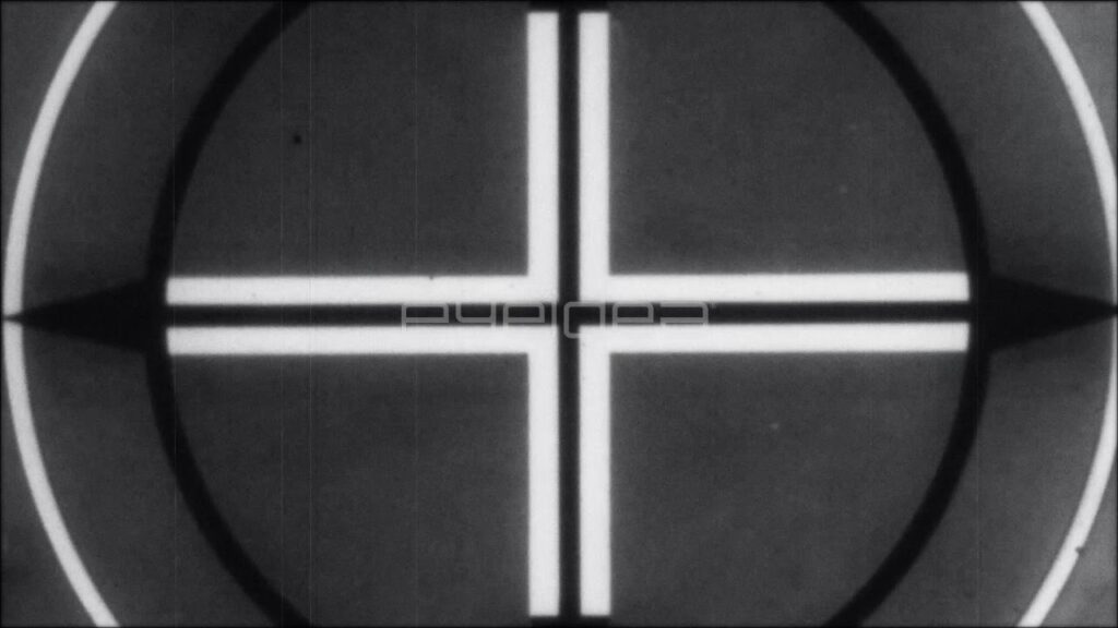 Film Leader Countdown with White Crosshair on Black Background